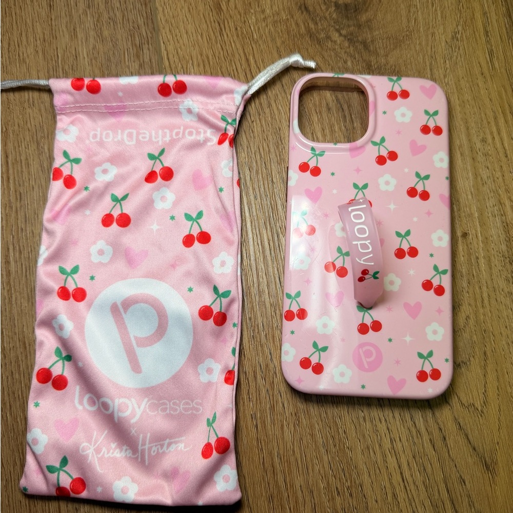 iPhone 13 Loopy Case Pink Cherry Print iPhone Case with Loopy Strap